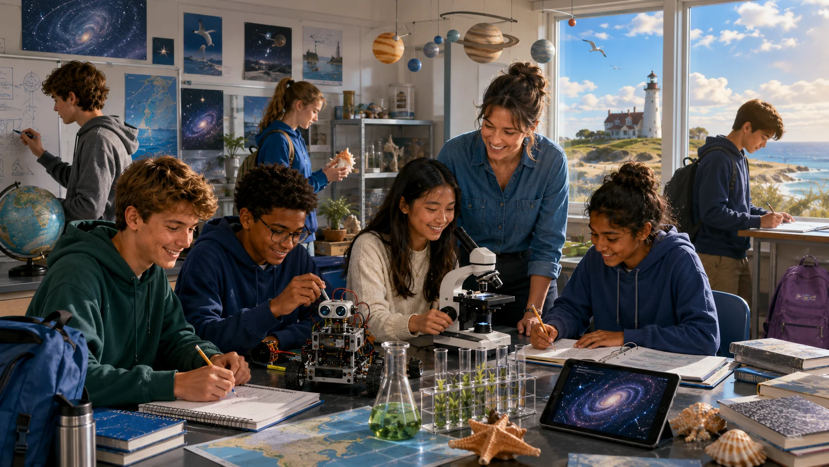 Students and a teacher collaborating in a welcoming coastal STEM classroom at the start of the school year