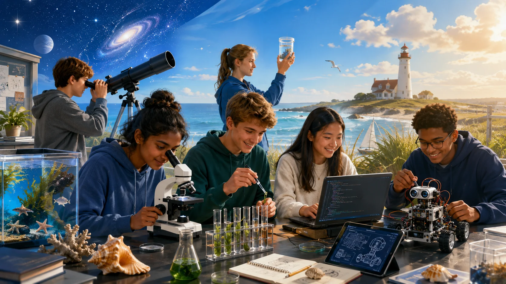 Students exploring marine science, coding, chemistry and astronomy in a Cape Cod STEM setting