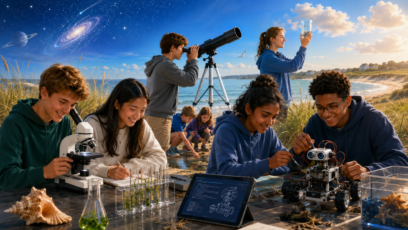 Students doing robotics, astronomy, microscopy and coastal science on the Cape Cod shoreline