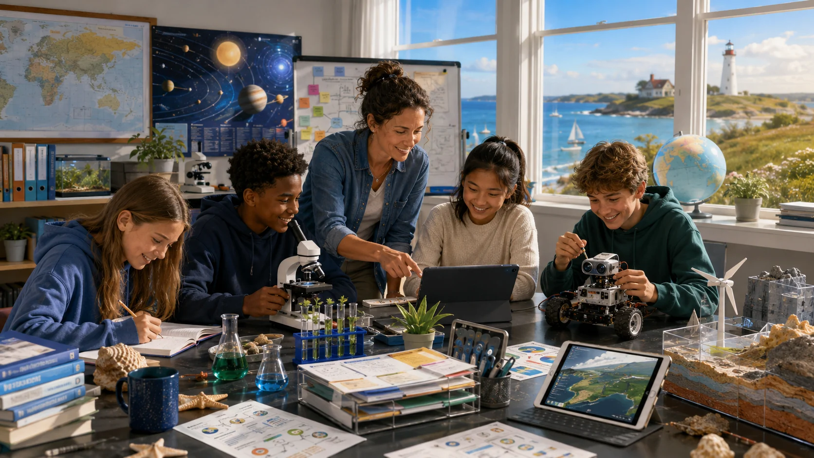 Teacher guiding students in a lively coastal STEM classroom